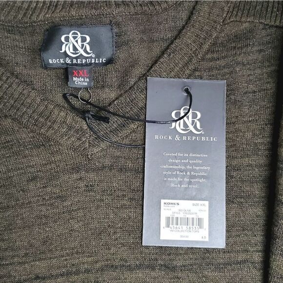 Rock & Republic Young Man's XXL Olive V-Neck Sweater - Picture 6 of 7